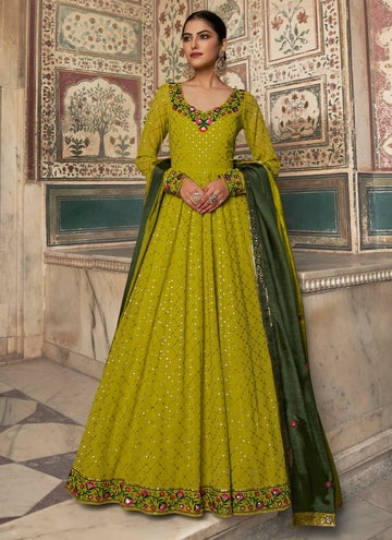 Georgette Thread Embroidered Lime Green Amazing Gown
